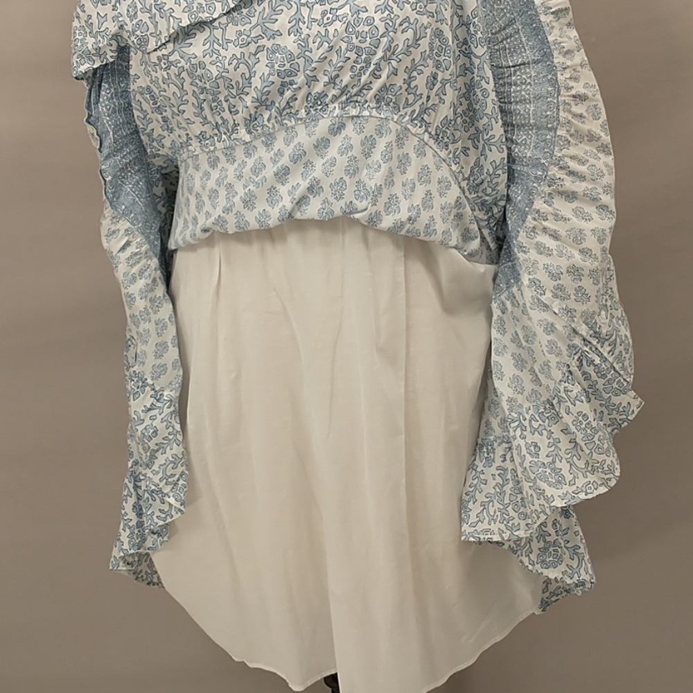 Cotton Block Print Summer Dress Wedgewood Blue & White Lined Midi Tiered Skirt - Picture 7 of 9